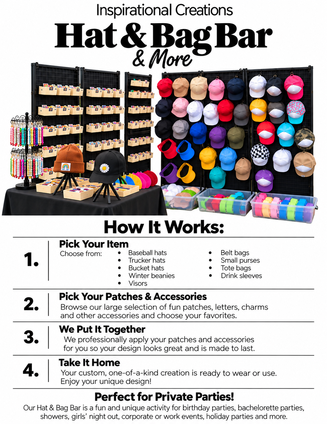 Hat Bar & More flyer with custom hats, patches, and event information